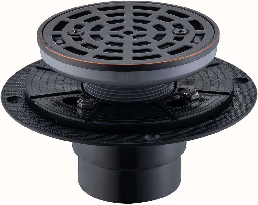 RANDOM Round Shower Drain SUS304 Stainless Steel Oil Rubbed Bronze Shower Drain 4 inch with Adjustable PVC Base Flange,Shower Floor Drain with Removable Cover Grid Grate