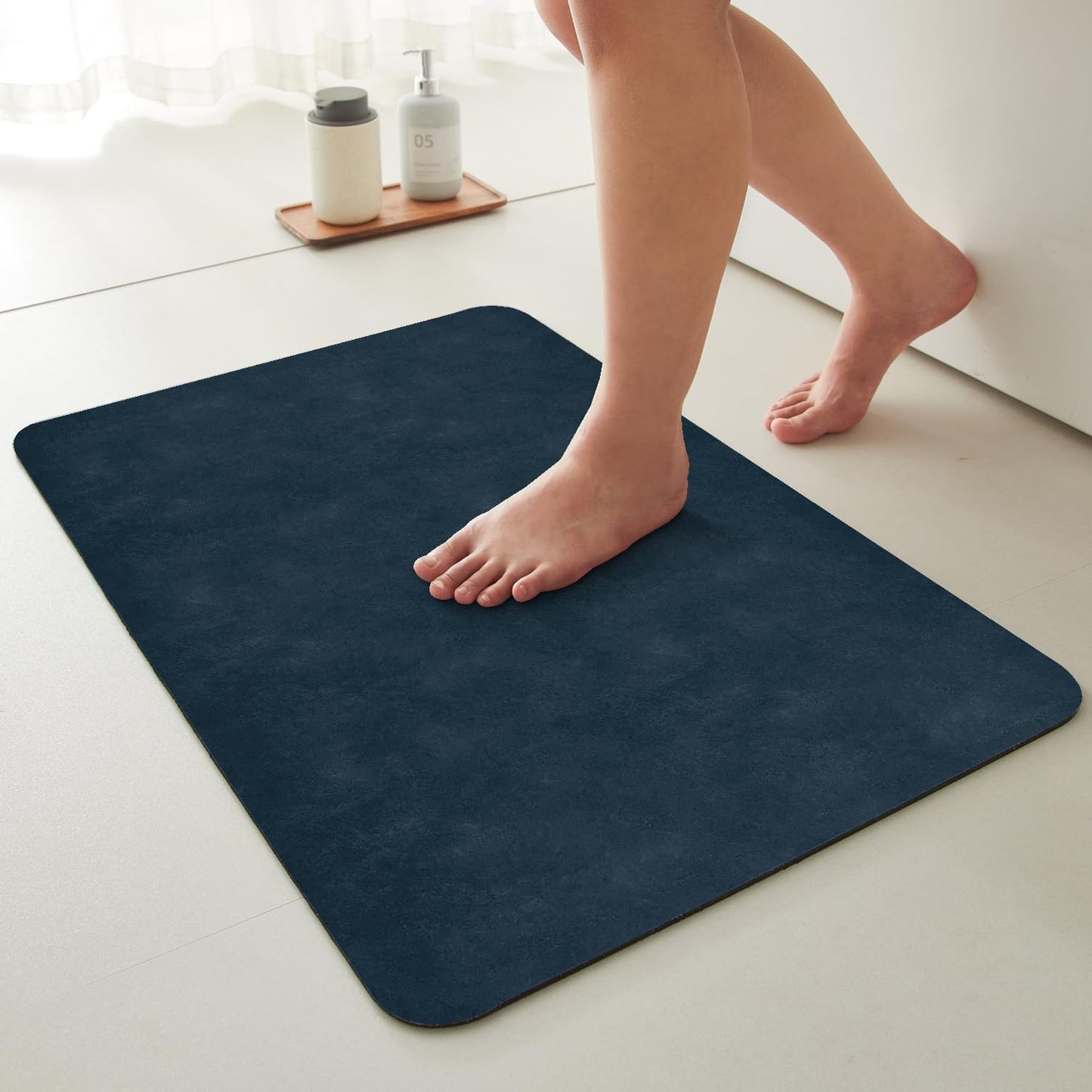 Bathroom Mat Quick Dry, Bathroom Rugs Non Slip Washable Thin Absorbent Bath Mat Fits Under Door Bathroom Floor Mat Perfect for Bath, Shower, or Sink 16"x24" Navy Blue