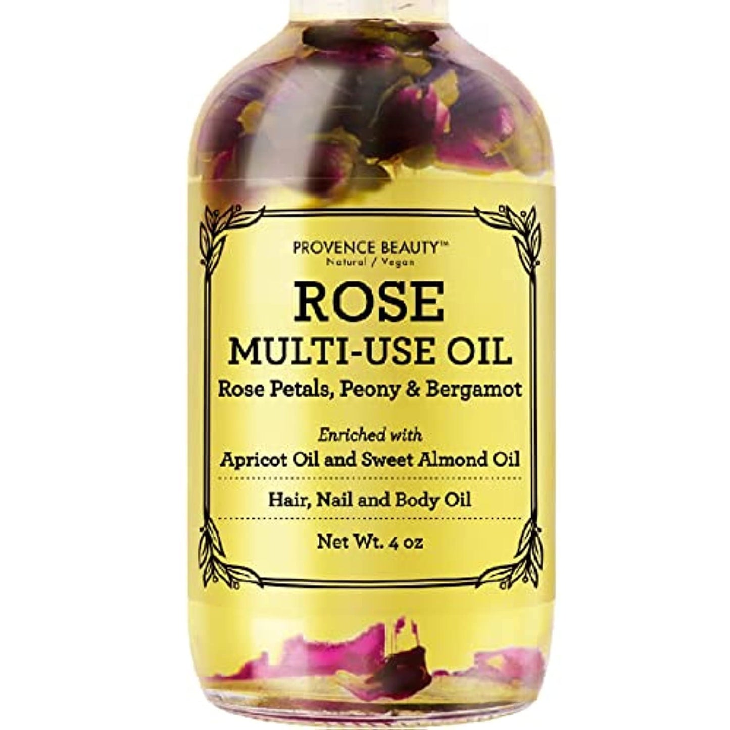 BEAUTE DE PROVENCE Multi-Use Oil for Face, Body and Hair - Organic Blend of Apricot, Vitamin E and Sweet Almond Oil Moisturizer for Dry Skin, Scalp and Nails - Rose Petals, and Bergamot Essential Oil - 4 Fl Oz