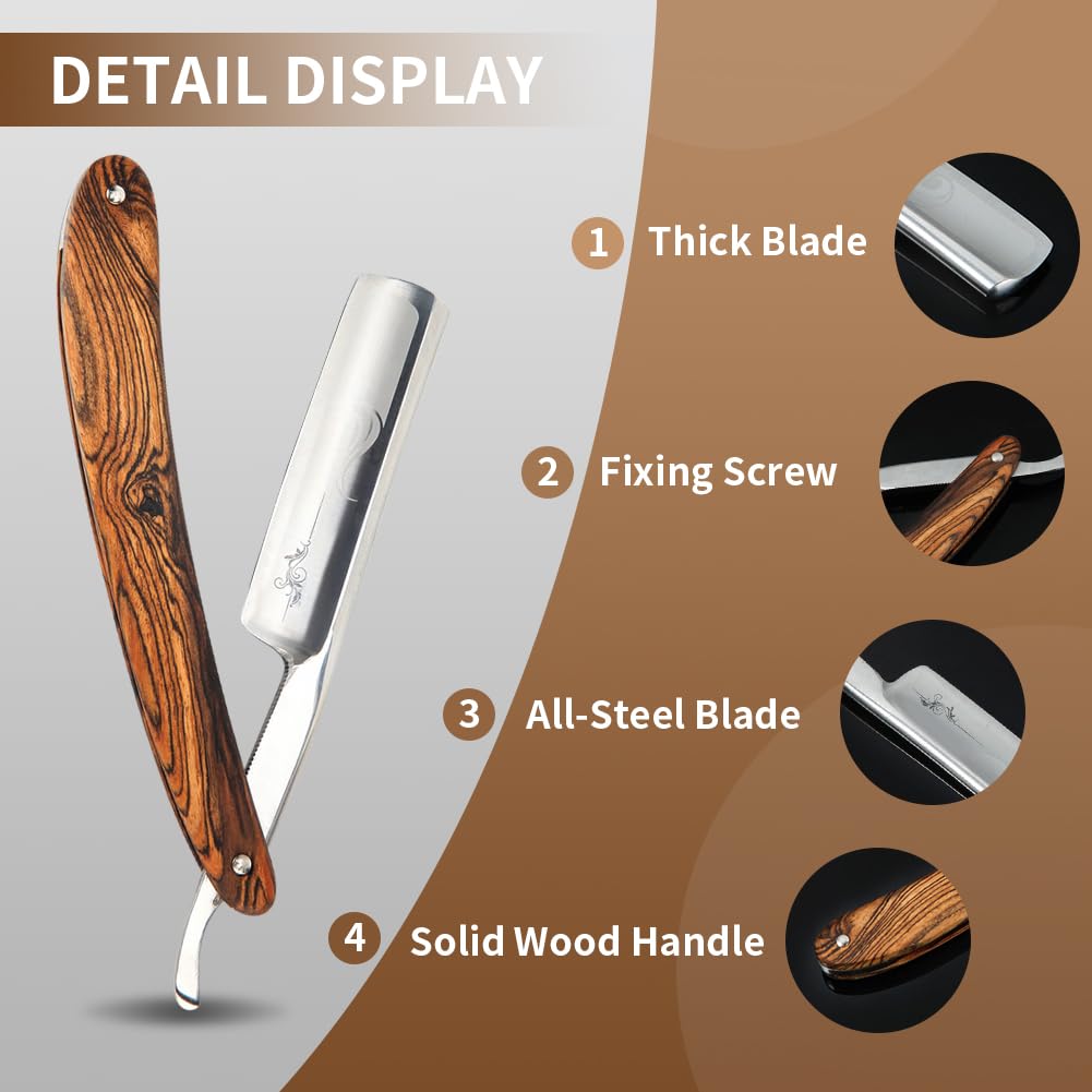 Straight Razor Kit Wooden Handle Shave Ready for Men Barber,Straight Edge Razor Professional Carbon Steel Sharp Shaver with Shaving Strop Brush Shaving Cream for Men Home &Grooming Using