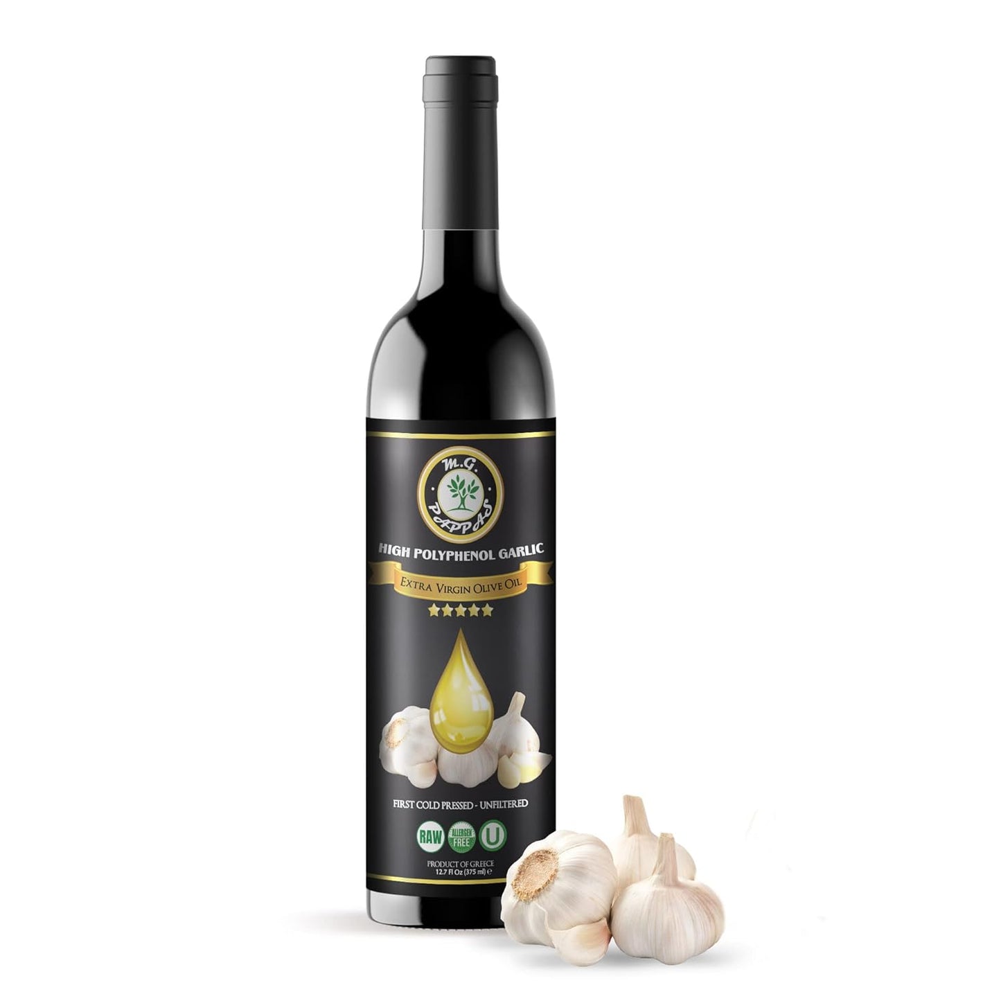 M.G. PAPPAS High Polyphenol Rich Garlic Infused Olive Oil - Extra Virgin Olive Oil Polyphenol Lab Report 650mg/kg - Cold Pressed & Unfiltered - High Hydroxytyrosol Greek Olive Oil - Award Winning