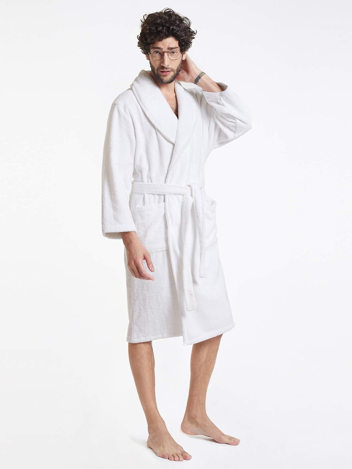 SIORO Mens Terry Bath Robe, Plush Hooded Cotton Cloth Knee-Length Robes for Spa, Shower, Soft Towel Bathrobes with Pockets