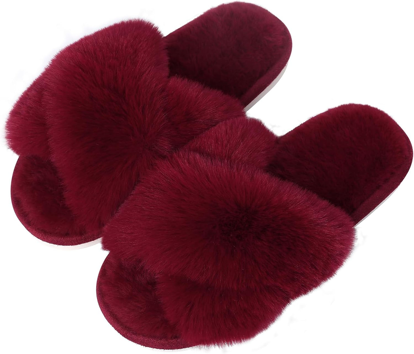 Evshine Women's Fuzzy Slippers Cross Band Memory Foam House Slippers Open Toe