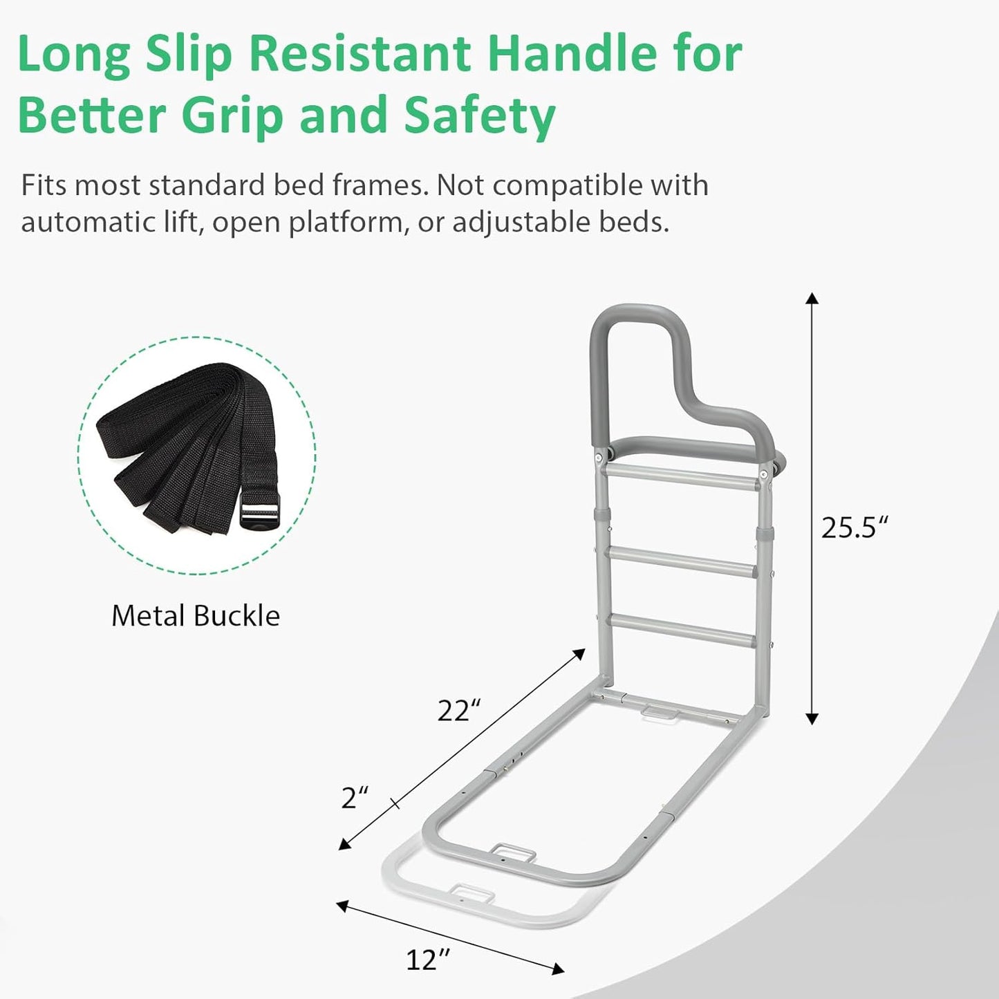 Dual Bar Bed Rail for Elderly Adults Safety with Storage Pocket, Bed Assist Rail for Seniors for Easily Getting in & Out of Bed, Bed Rails Fits King, Queen, Full, Twin Bed - Grey