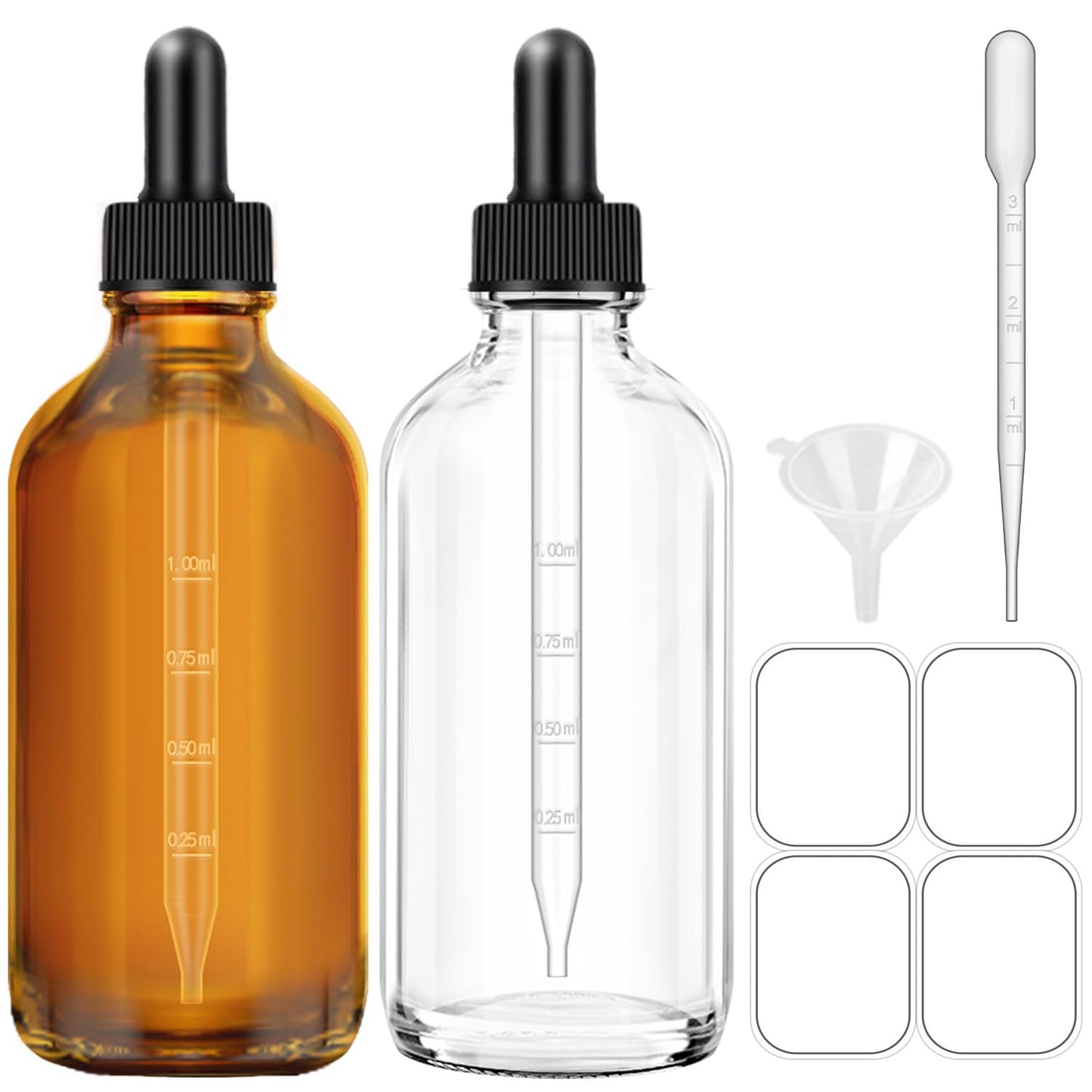 Bumobum Amber Dropper Bottles, 4oz Glass Bottle with Dropper for Essential Oils with Funnel, Labels & Pipette, 2-Pack Tincture Bottles with Dropper(Unbreakable Plastic Eye Dropper)