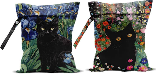 2Pcs Cat Wet Bags 12x10 Inch, Flowers Waterproof Travel Laundry Bags, Colorful Floral Reusable Wet Dry Bag for Swimsuit Beach Diapers Dirty Yoga Gym Clothes, Cat Gifts for Women Friend Travelers