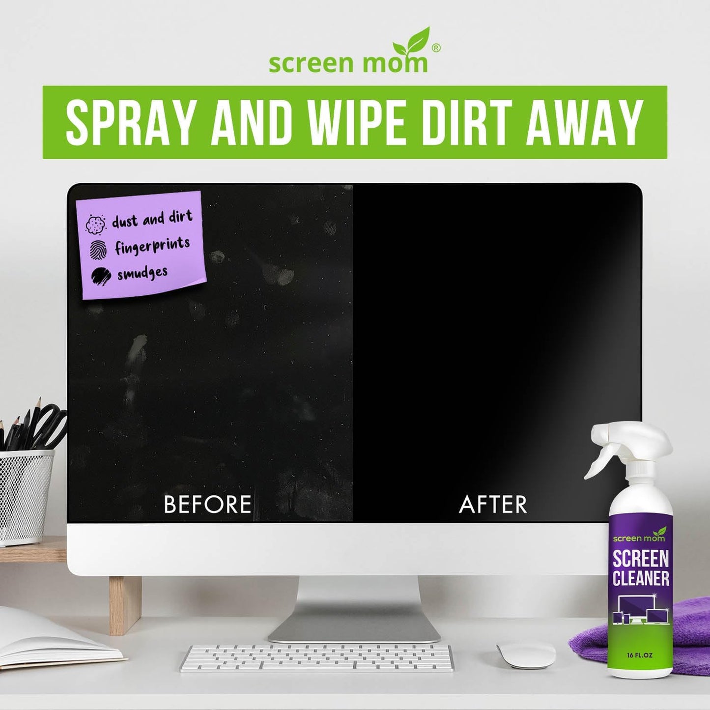 Screen Mom Screen Cleaner Spray and Microfiber Cloth 2-Pack (2x16oz) Screen Cleaner Spray and Wipe for TV, Computer, Phone, iPad, Car Screen Cleaning Kit Electronic Cleaner Spray