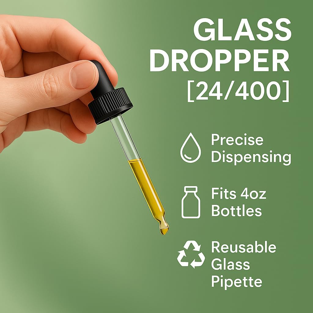 GreenHealth Glass Dropper [24/400] – Fits 4oz Bottles [24/400]– Reusable Glass Pipette with Black Rubber Bulb – Leak-Resistant Dropper Cap for Essential Oils, Serums, and DIY Blends