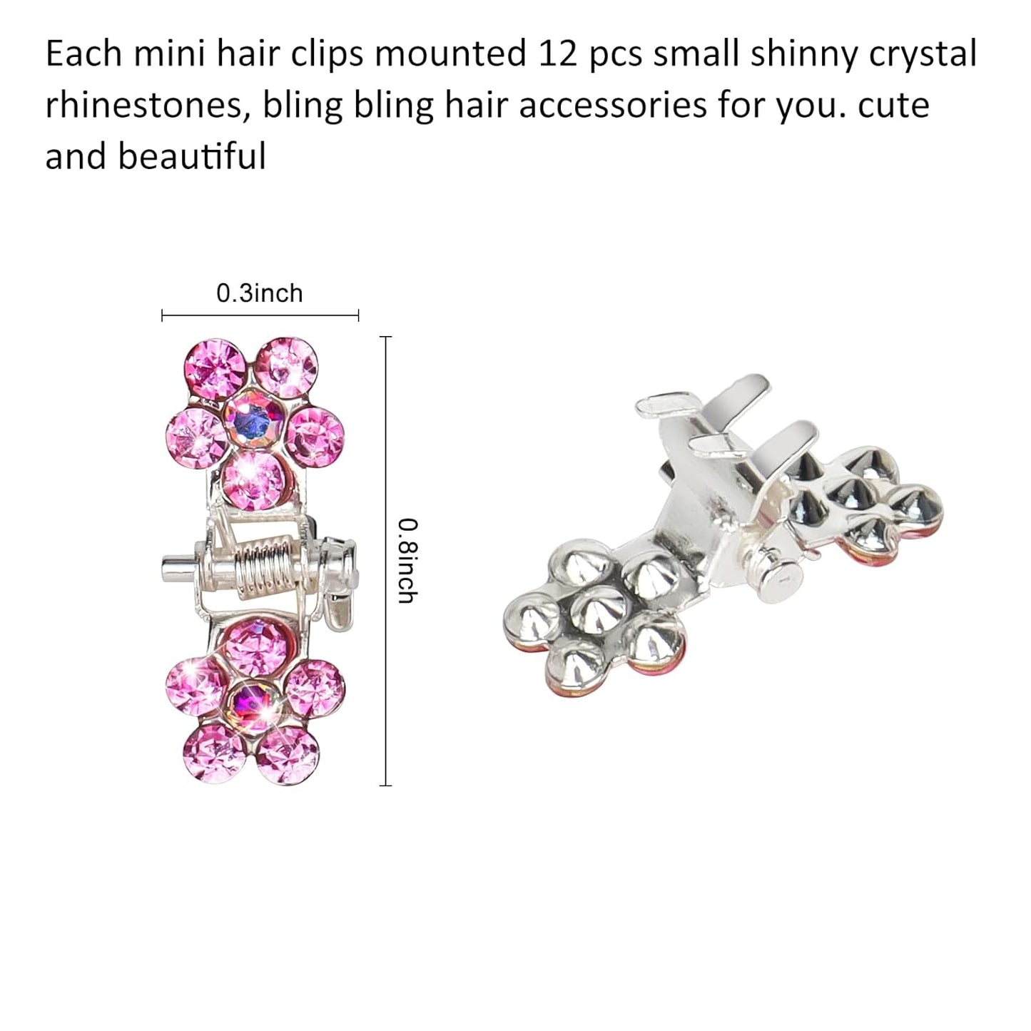 65PCS Mini Pink Flower Hair Clips with Rhinestone Mini Glitter Teeth Rhinestone Flower Hair Accessories - No-Slip Grip Metal Jaw Clamps for Girls Women (Silver-Pink Crystal)