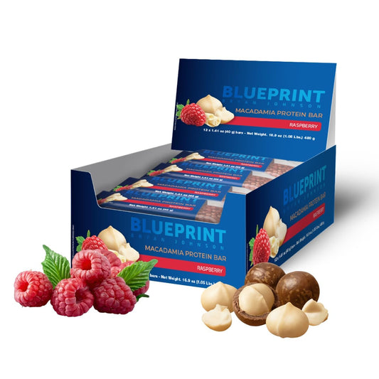 Blueprint Bryan Johnson Macadamia Nut Protein Bar - 9G Plant Protein - Healthy Fats - Supports Muscle Growth - Low Carb & Sugar - Natural Ingredients - Vegan Keto Snack (Raspberry - 12 Pack)