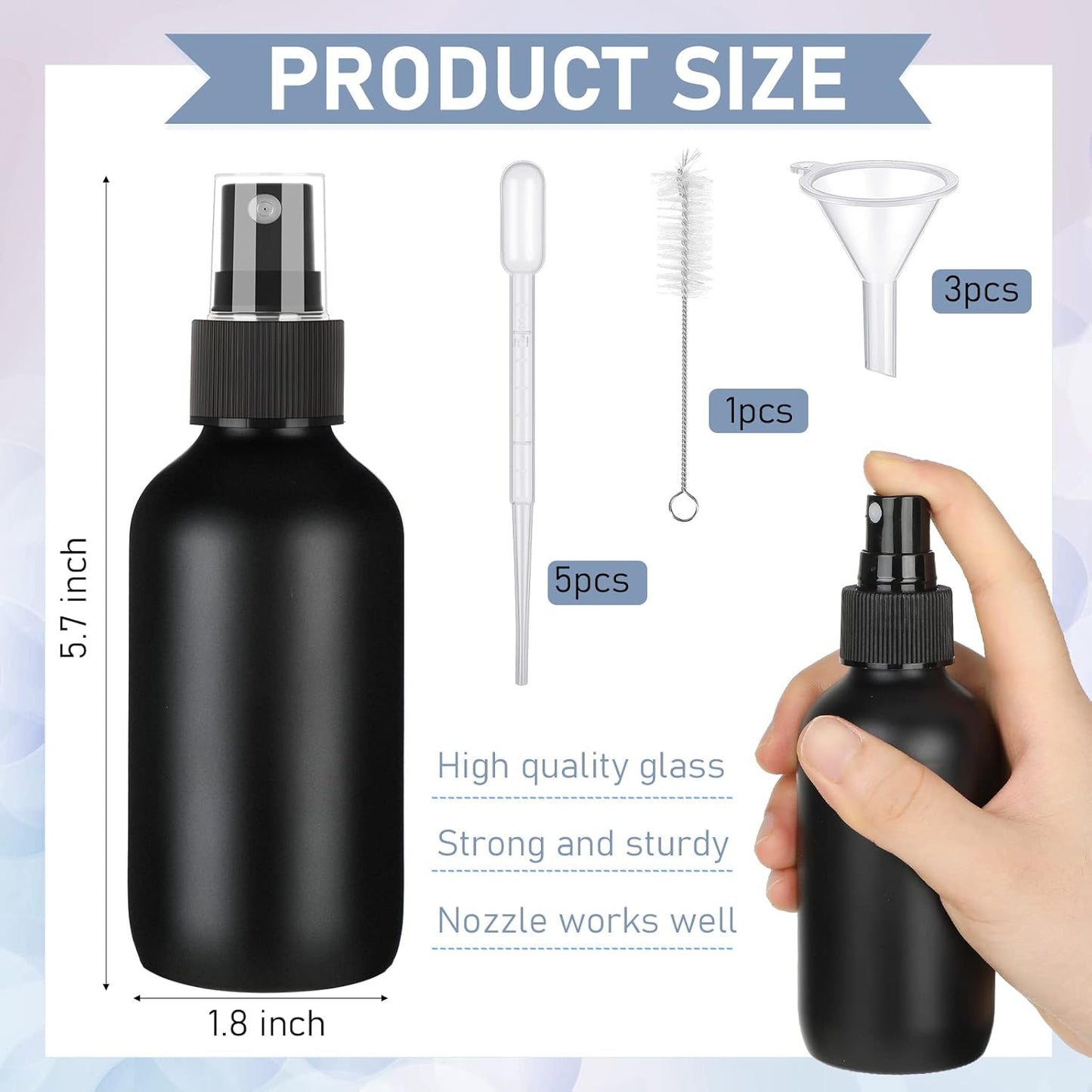 Nuogo 50 Pieces Mini Glass Spray Bottles Bulk 4 Oz Fine Mist Glass Bottles with Funnel Dropper and Cleaning Brush Refillable for Essential Oils, Perfumes and Aromatherapy(Black)