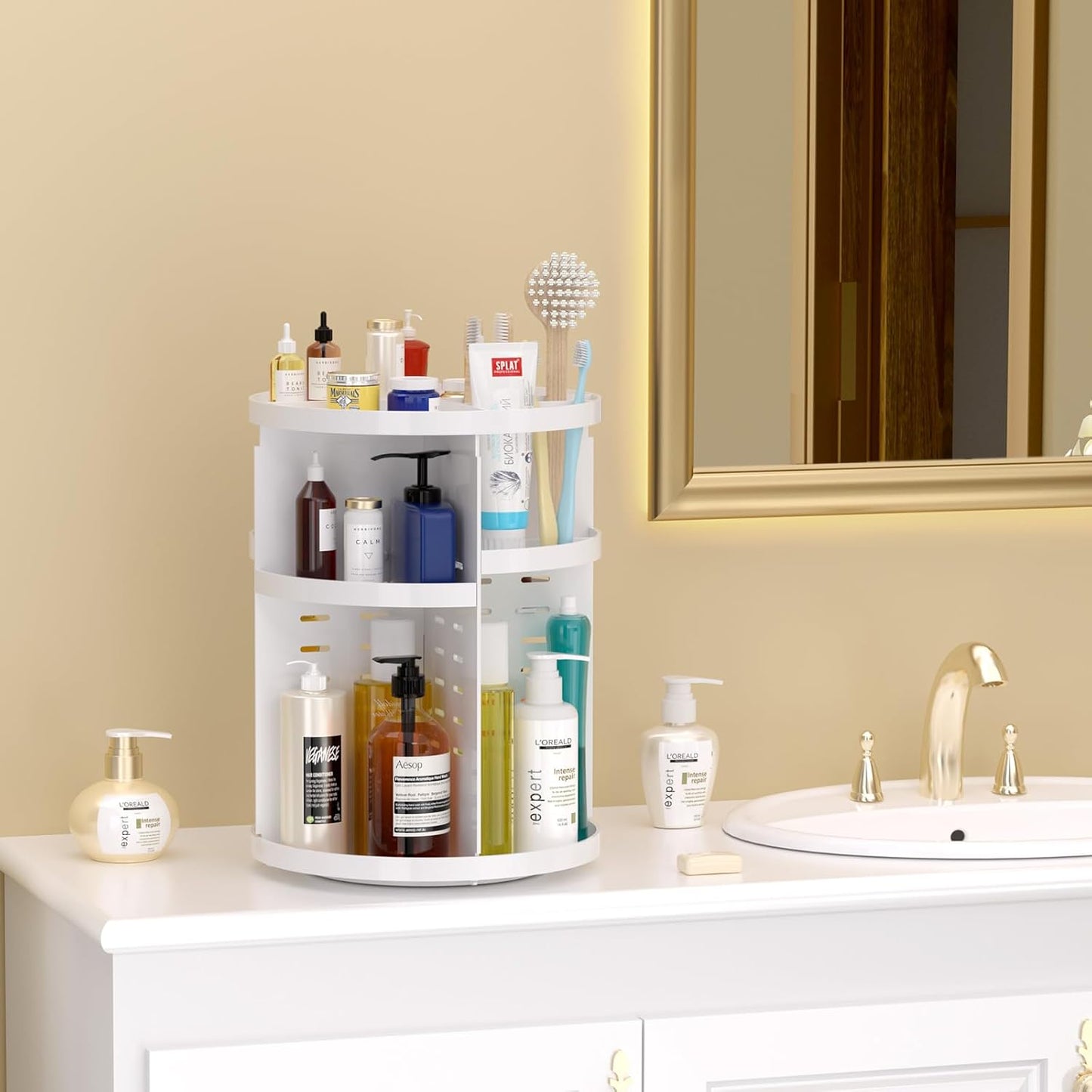 Makeup Organizer 360 rotating, Adjustable Skincare Organizers with Brush Holder, Cosmetics Display Cases for Vanity Bathroom Countertop Large Capacity Carousel Make up Caddy Shelf (White)
