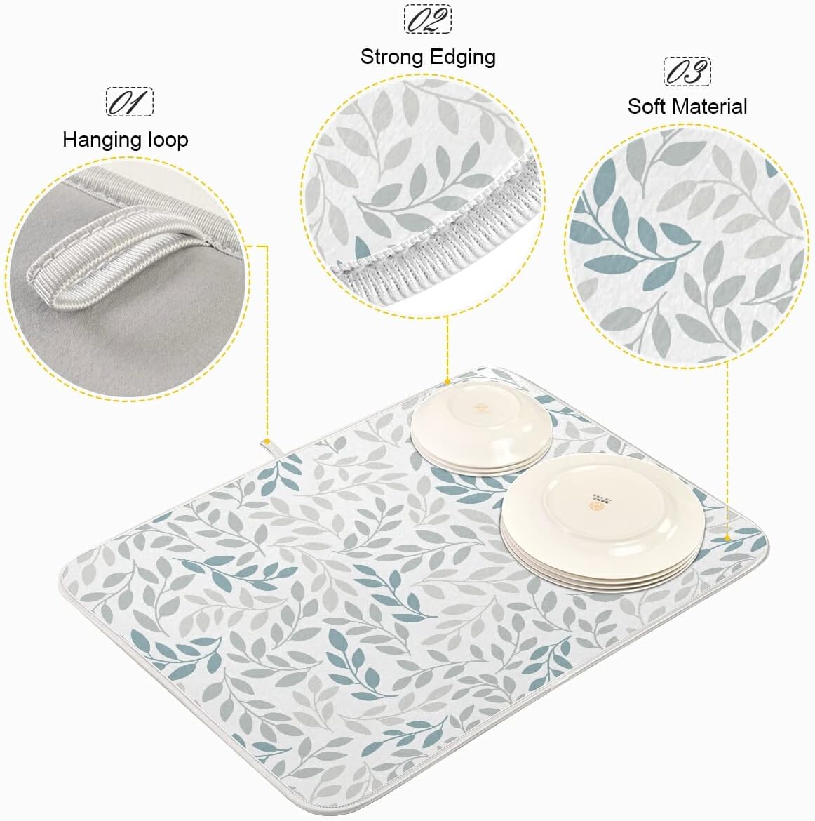 Grey and Blue Leaves branches Dish Drying Mat 16x18 for Kitchen Gray Leaves Botanical Spring Flowers Dishes Pad Dish Drainer Rack Mats Absorbent Fast Dry Kitchen Accessories