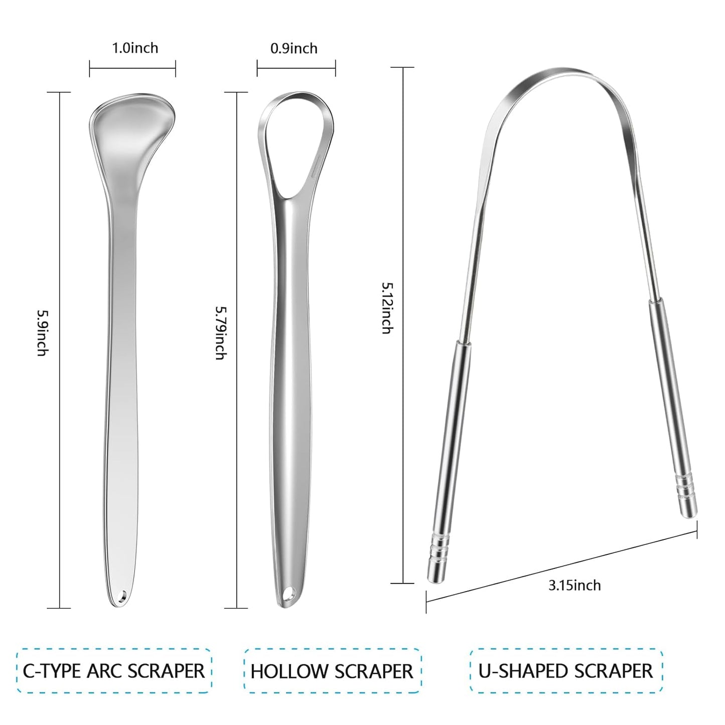 MORGLES Metal Tongue Scraper, 4 Pcs Tongue Cleaners with Case for Adults