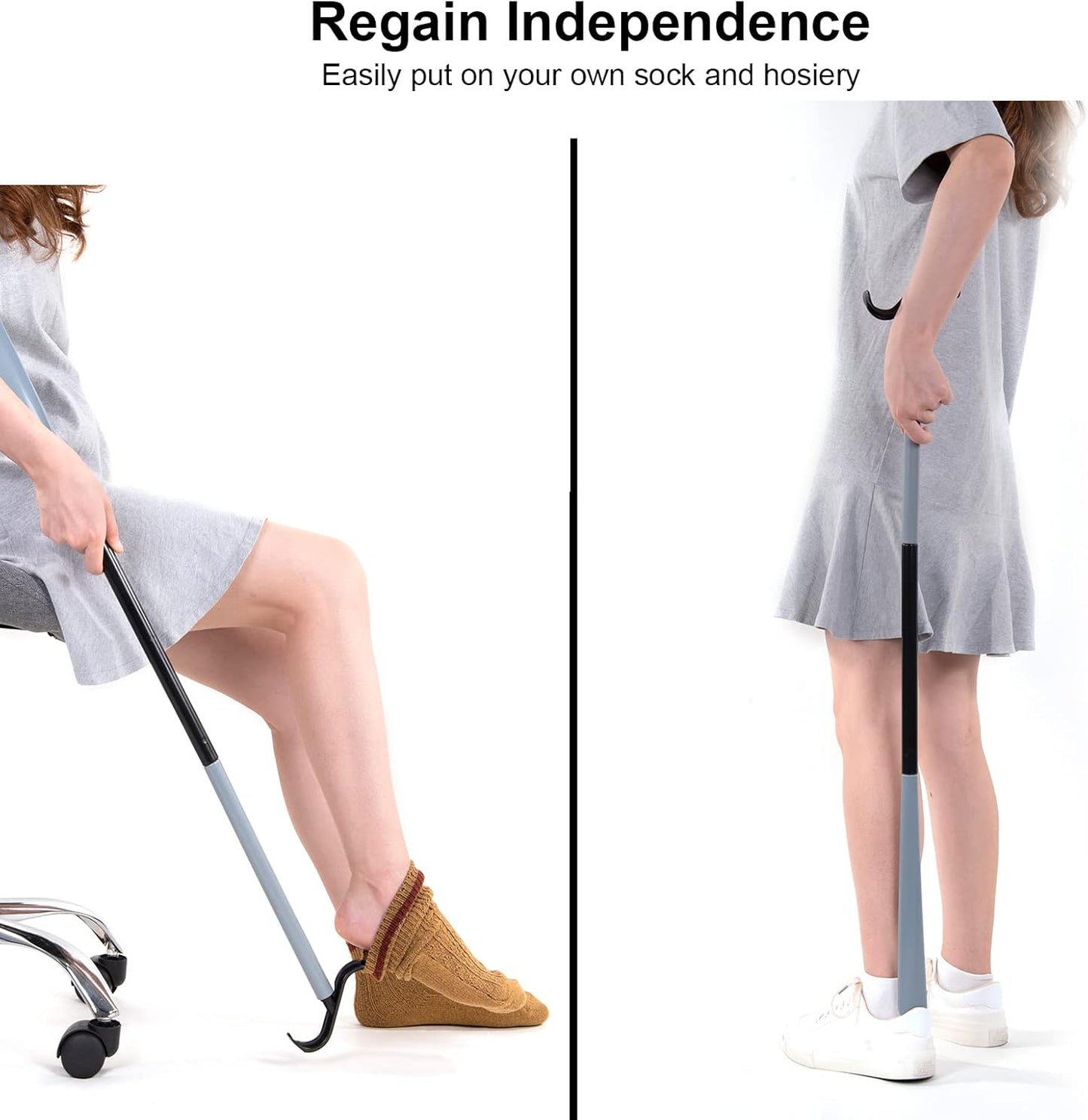35" Long Dressing Stick with Shoe Horn with Sock Removal Tool, Adjustable Extended Dressing Aids for Shoes, Socks, Shirts and Pants Grey and Black