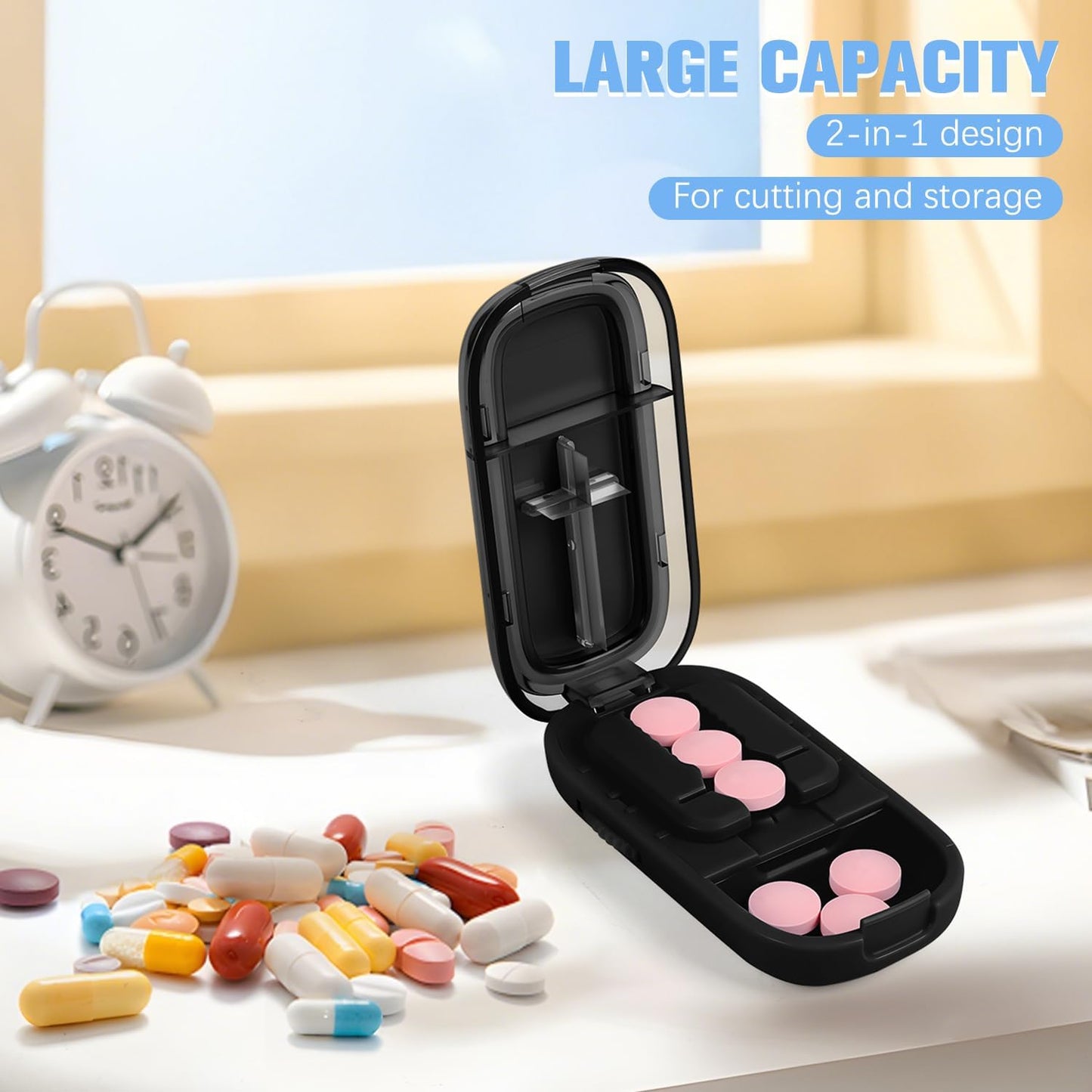 Pill Cutter Splitter for Small and Tiny Pills - 1/4 Pill Cutter with Centering Device - Easy-to-Use Splitter for Precision Cuts - for Small and Tiny (Black)