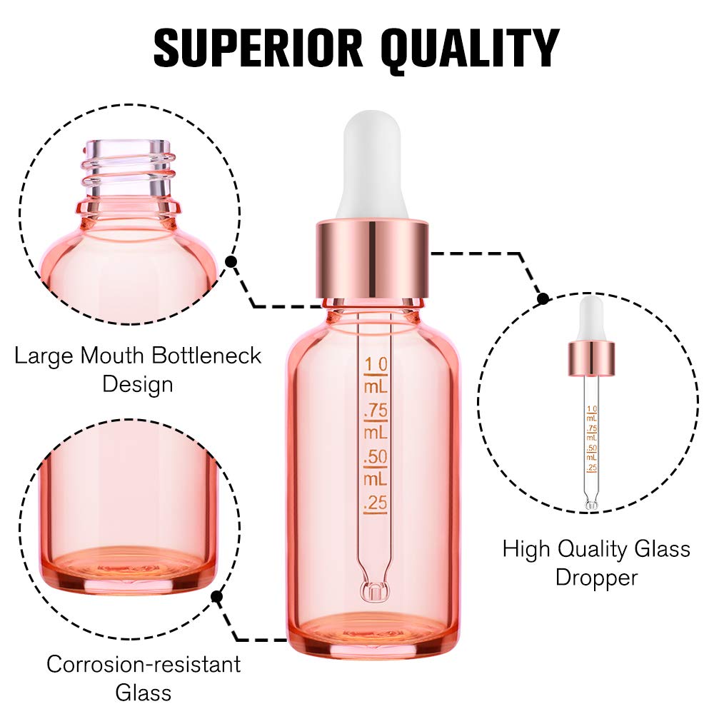 PrettyCare 4 Pack 1oz Dropper Bottles for Essential Oils with Labels, Funnel & Measured Pipettes, 30 ml Leak Proof Rose Glass Essential Oils Bottles- Empty Tincture Bottles for Personal Care & Beauty