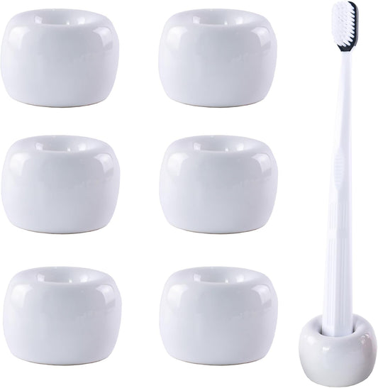 Set of 6 Sleek Mini Ceramics Toothbrush Holder, Small Ceramic Ring, Perfect Size for Bathroom Vanity Countertops