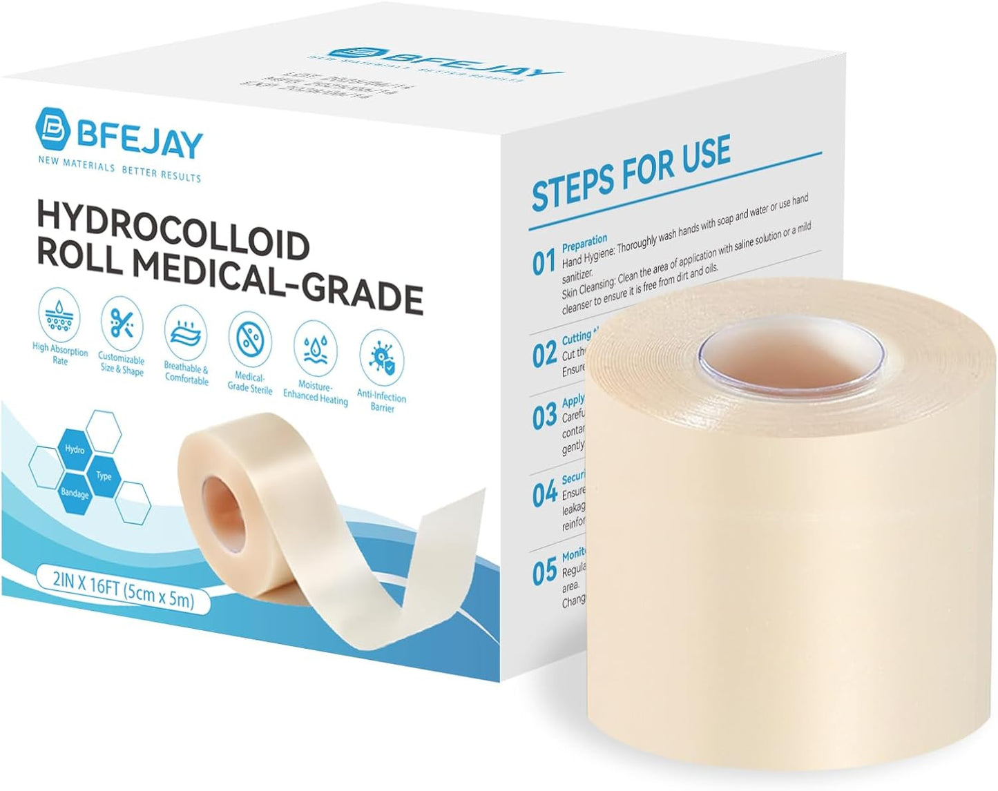 Hydrocolloid Bandages for Wound Care, Extra Large Medical-Grade Hydrocolloid Roll with Self-Adhesive, Ultra Absorbent, Flexible & Waterproof, DIY Size & Shape First Aid Kit Essential (2in*16ft)