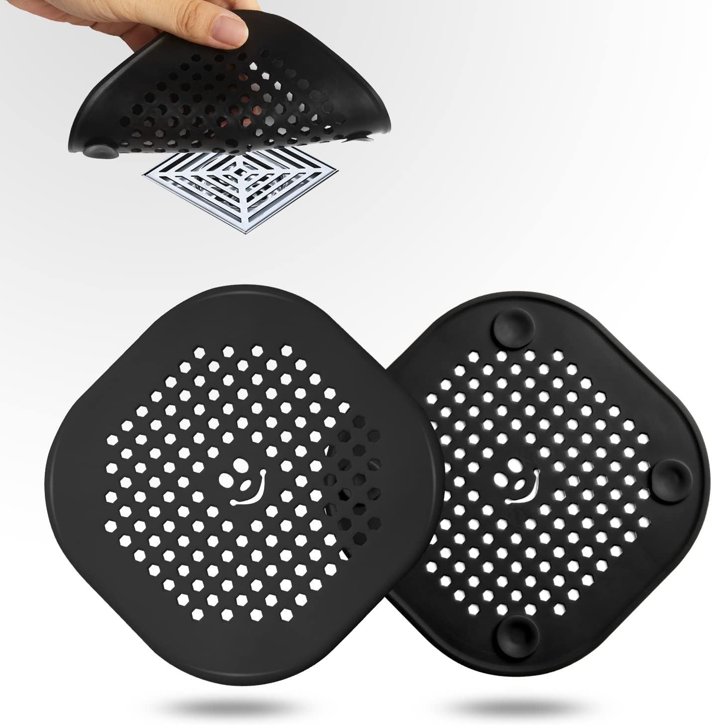 2 Pack Shower Drain Hair Catcher Silicone Drain Protector Hair Stopper with Suction Cup for Shower Kitchen Bathroom Black Grey