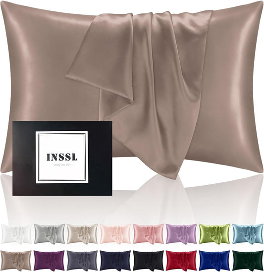 INSSL Mulberry Silk Pillowcase f Hair and Skin Health, Natural Silk Pillow Cover with Hidden Zipper Both Side Silk1 pcs (Light Coffee, King 20"x 36")
