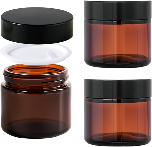2oz Jars with Lids, HOA Kinh 3 Pack Amber Glass Jars with Lids Empty Cosmetic Containers Round Airtight Glass Jar with Black Lid for Storing Lotions Powders Ointments