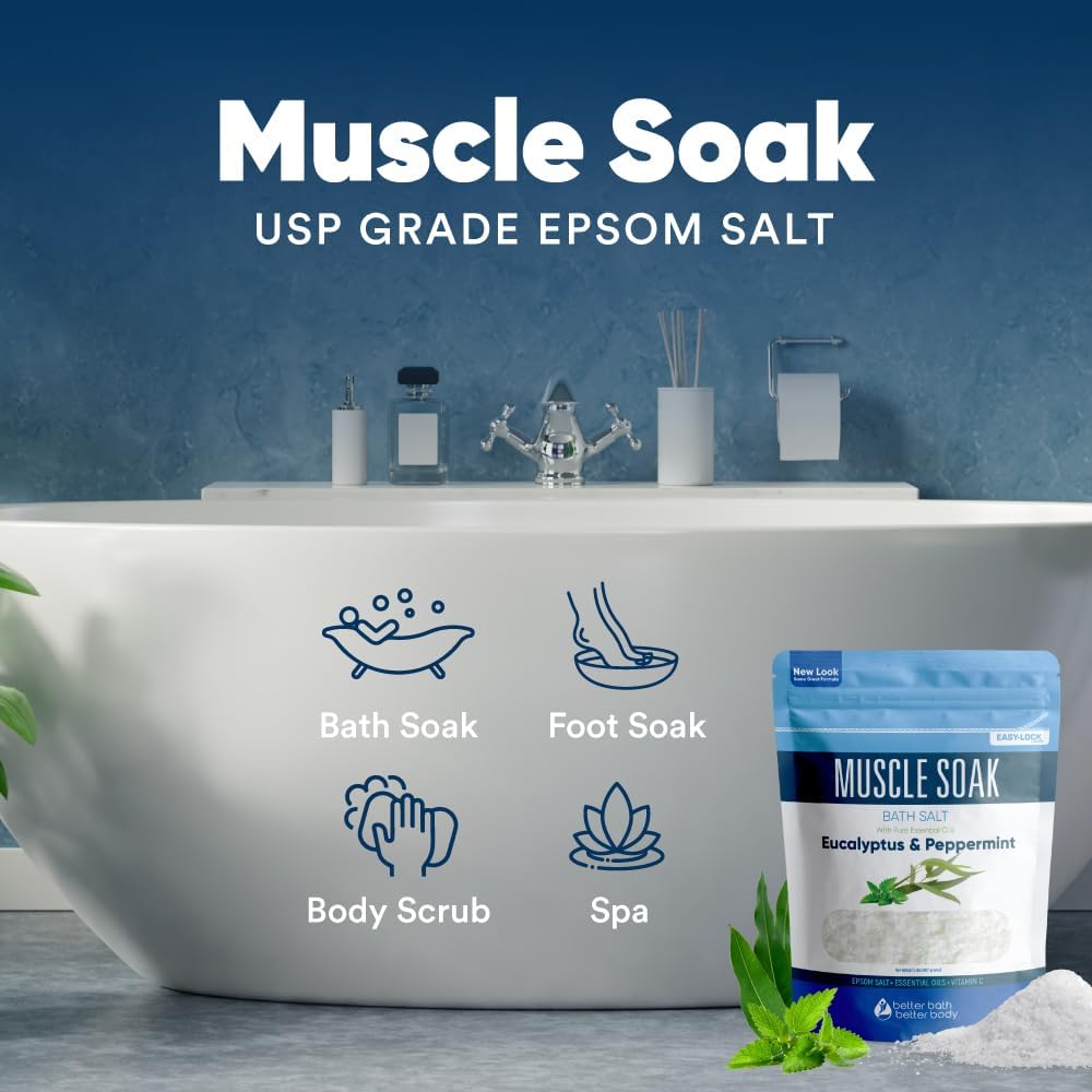 Muscle Soak Bath Salt 32 Ounces Epsom Salt with Natural Peppermint and Eucalyptus Essential Oils Plus Vitamin C in BPA Free Pouch with Easy Press-Lock Seal