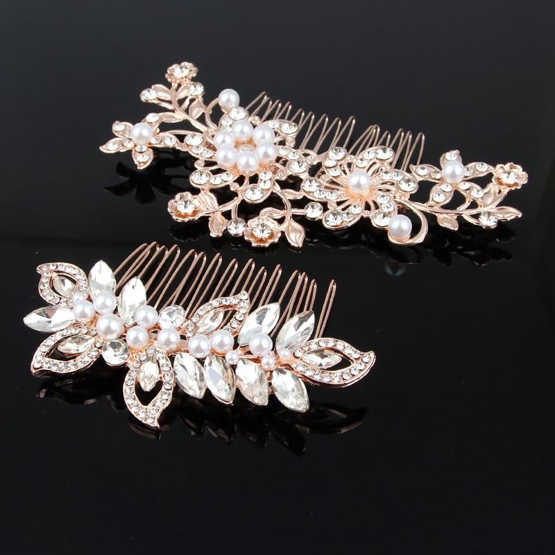 2pcs rose gold wedding hair comb set, crystal pearl floral design, bride hair accessories for ladies