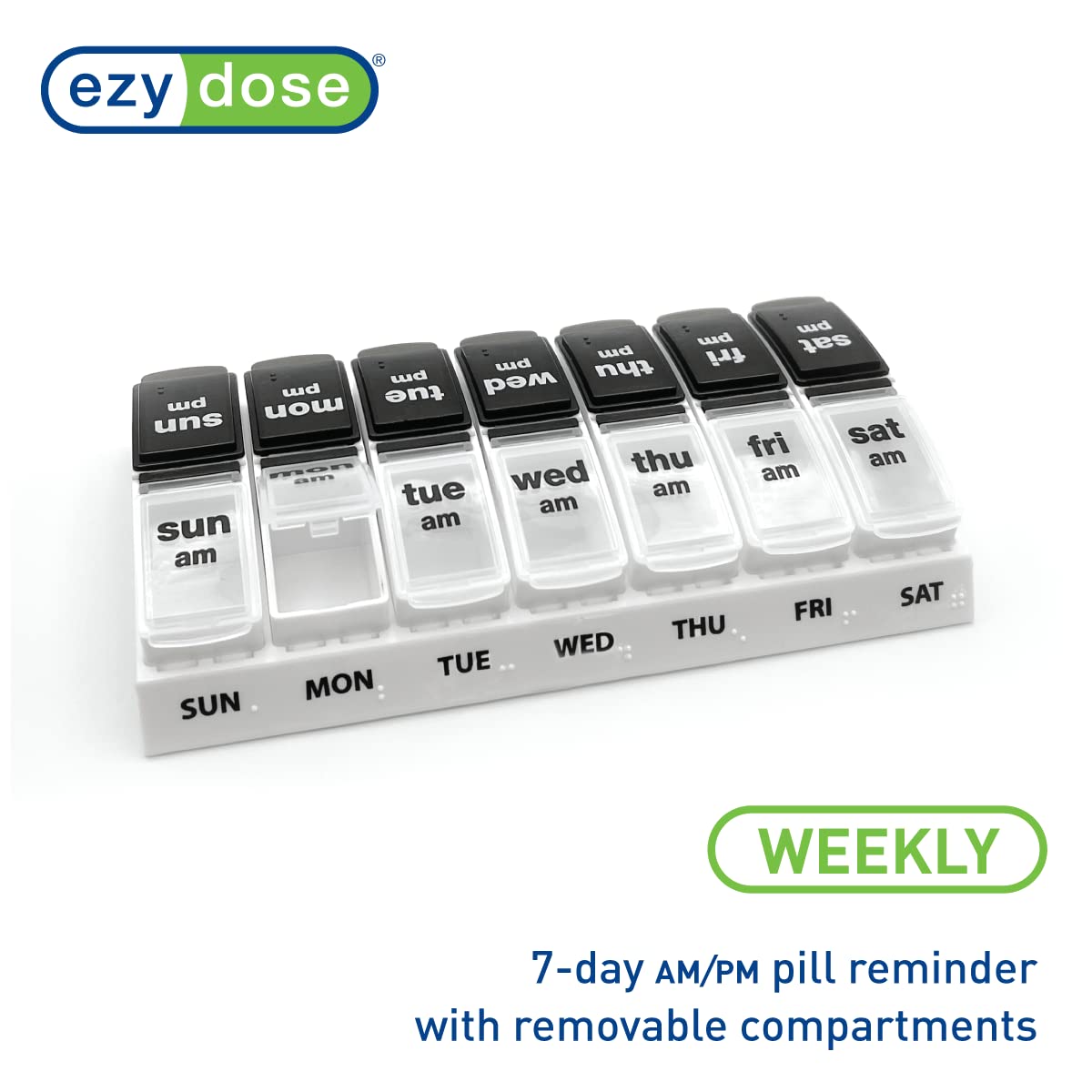 EZY DOSE Weekly (7-Day) Daily AM/PM Pill Case, Medicine Planner, Vitamin Organizer, Supplement Container, Large Pop-Out Compartments, Designed for Travel 2 Times a Day, Black and White Lids