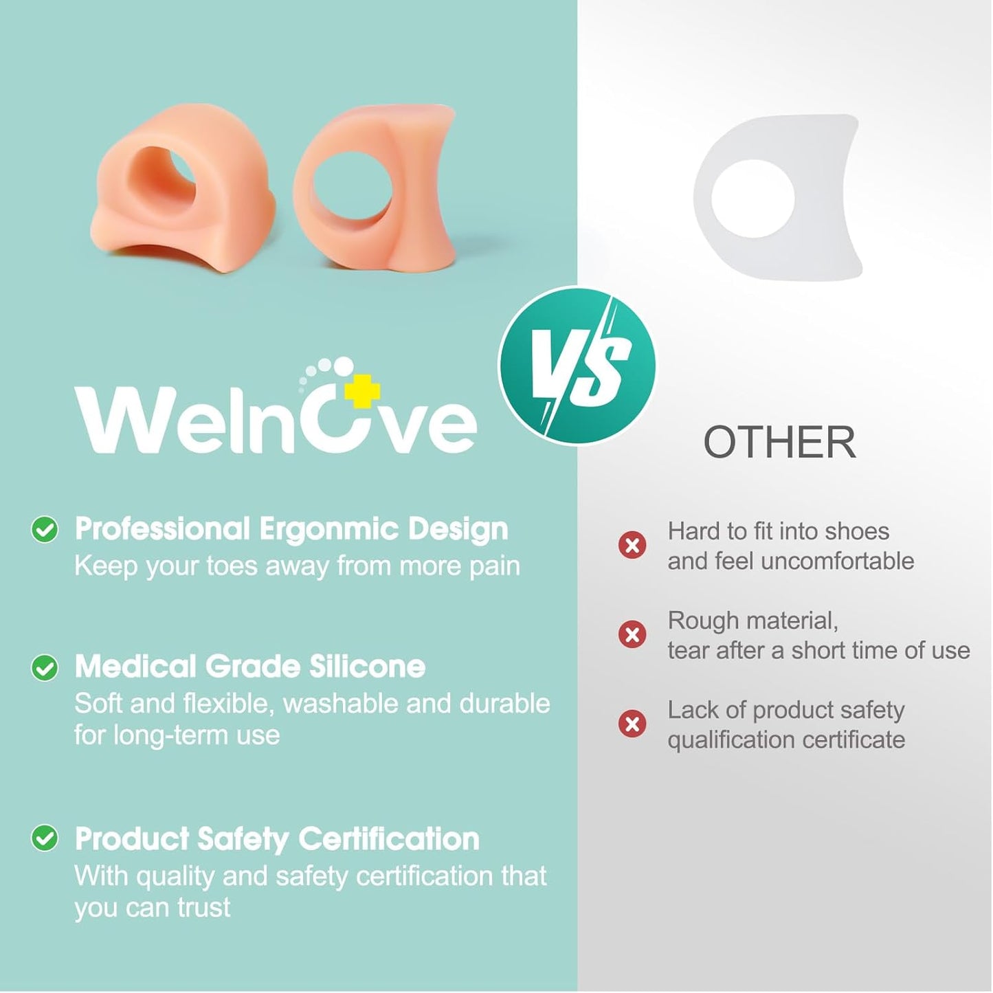 Welnove Toe Separator for Overlapping Toes - 12 Pack Toe Spacers for Bunions - Toe Corrector for Hammer Toes, Realign Crooked Toes - Preventing Rubbing Relieve Pressure (Small, Beige)