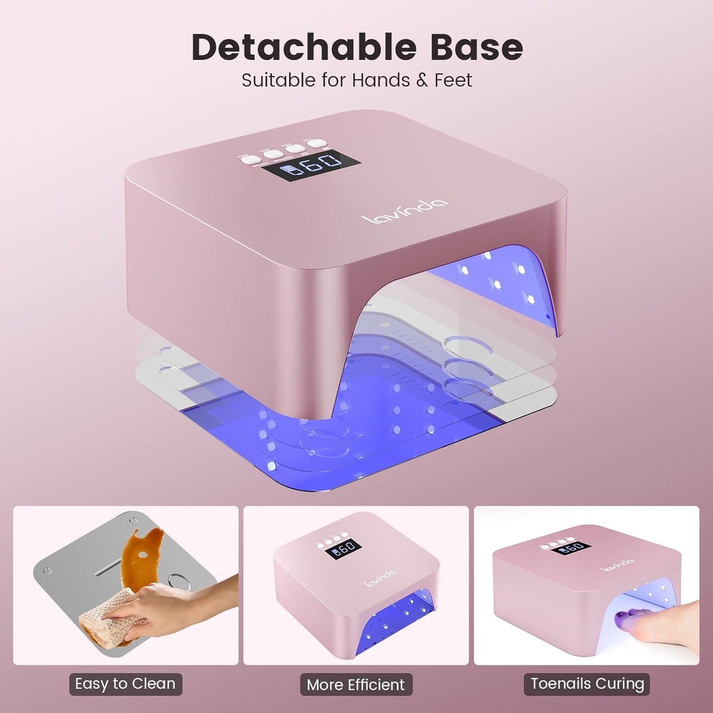 Lavinda 48W UV Nail Lamp, Rechargeable Cordless UV Light for Gel Nails LED Nail Dryer with Auto Sensor, 4 Timer Settings & LCD Display, Fast Curing Light All Gel Polish for Home&Salon (Rose Gold X7)