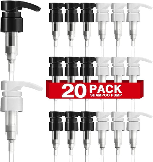 20-Pack Shampoo Pumps for Liter 33.8 oz Shampoo and Conditioner, Pump Dispenser Fits Most Salon Bottles with 1-inch Wide Opening, Black & White Replacement Pump for Soft Hair Products, Body Wash