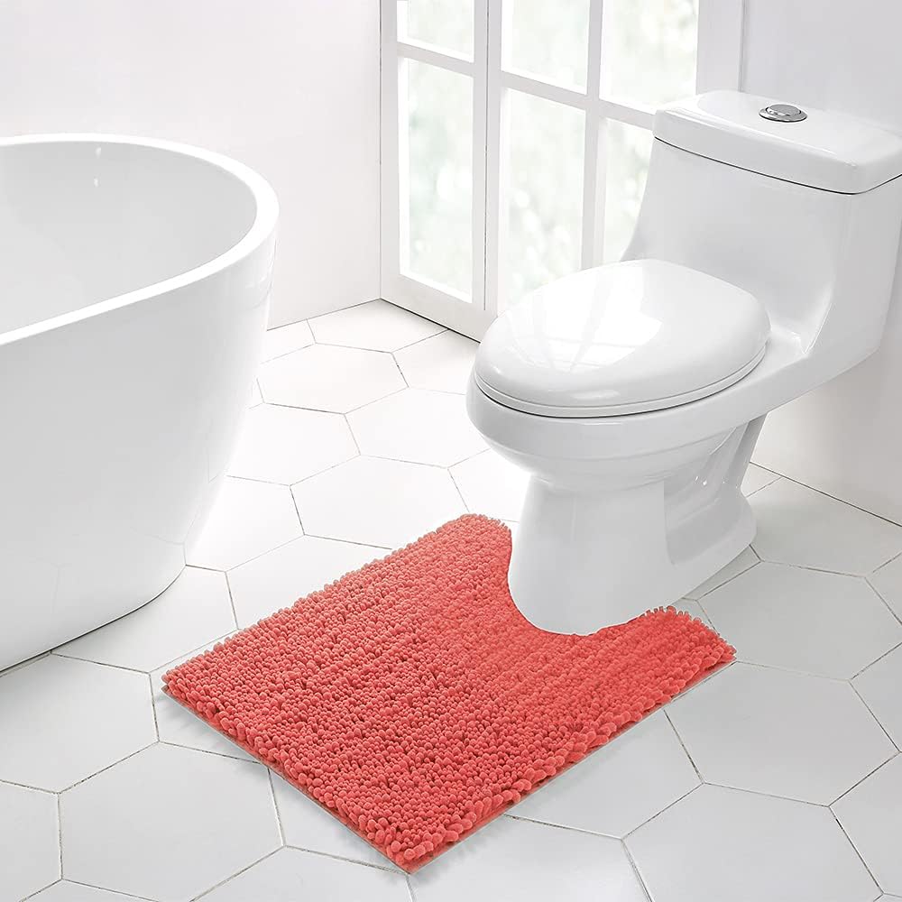 Walensee Bathroom Contour Rug Non Slip Toilet U Shaped Bath Mat (20x24, Coral) Water Absorbent Super Soft Shaggy Chenille Machine Washable Dry Extra Thick Perfect Absorbant Best Plush Carpet