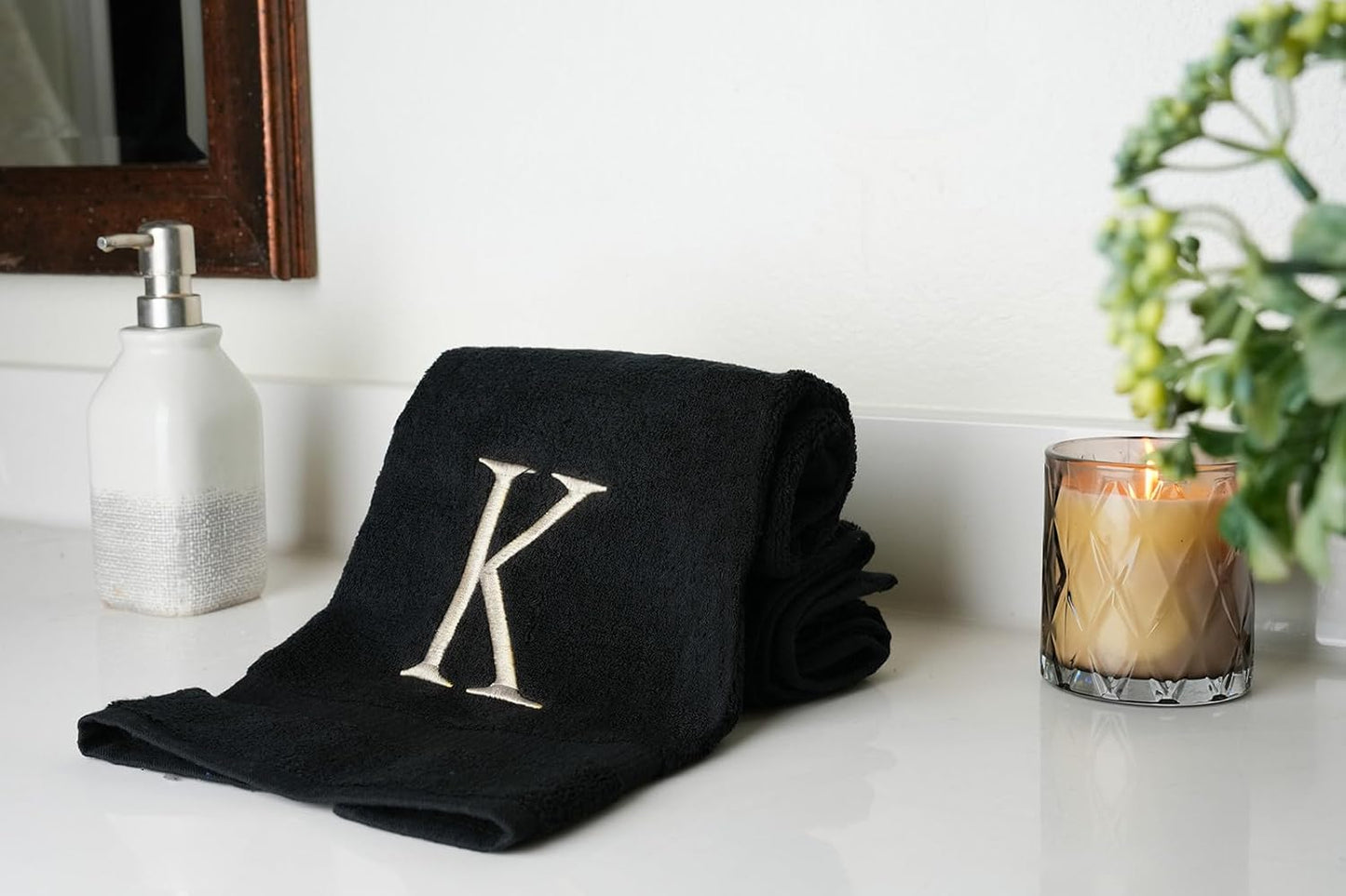 Black Monogrammed Hand Towels for Bathroom- Black and White Luxury Hotel Quality Personalized Initial Decorative Embroidered for Powder Room, Spa-GOTS Organic Certified - Pack of 2, Letter K