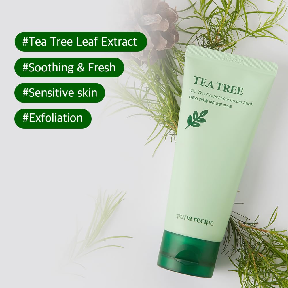 Papa Recipe Tea Tree Mud Mask – Kaolin & Bentonite Clay for Pore Care & Oil Control – Red Bean Exfoliation & Soothing Formula – Korean Skincare