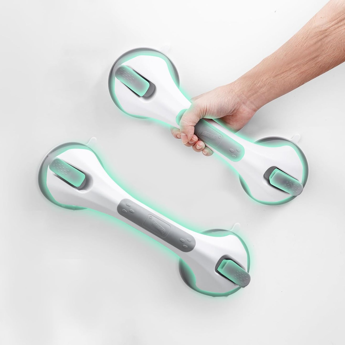 Grab Bars for Bathtubs and Showers 2 Pack Glow in The Dark, 12 inch Suction Grab Bar, Shower Handle Safety Grip Handrail for Seniors and Elderly, Removable Waterproof No Drilling, Grey