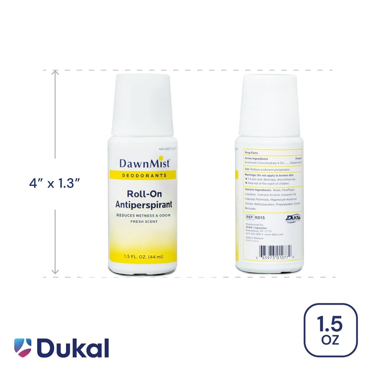 Dukal RD15 DawnMist Roll On Antiperspirant & Deodorant, Fresh Scent, Travel Size, 1.5oz, 3 pack