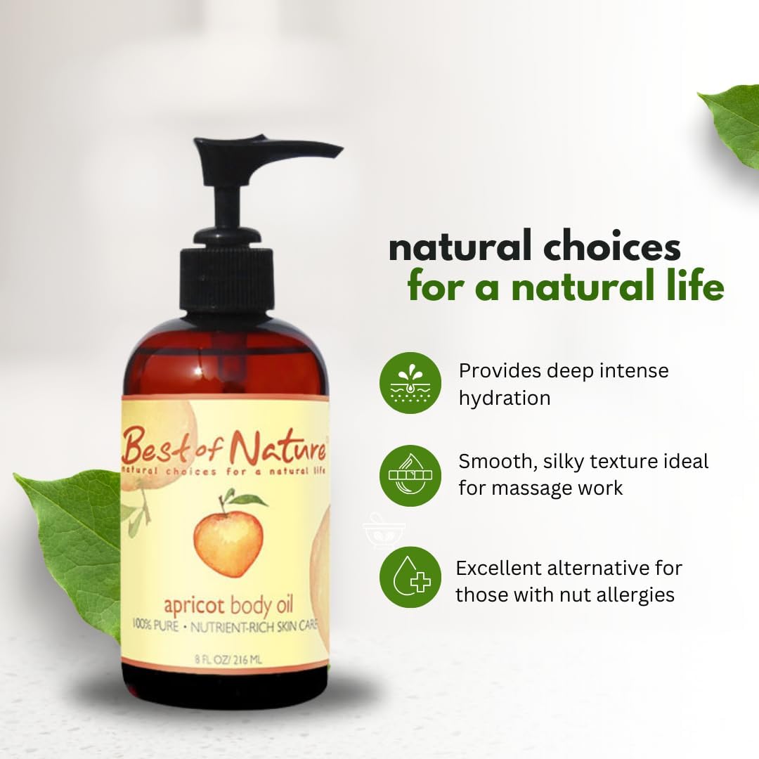 Best of Nature 100% Pure Apricot Oil – Lightweight Massage & Body Oil, Unscented Moisturizer for Hair, Skin, Face, Ideal Carrier Oil for Essential Oils, 8 fl oz