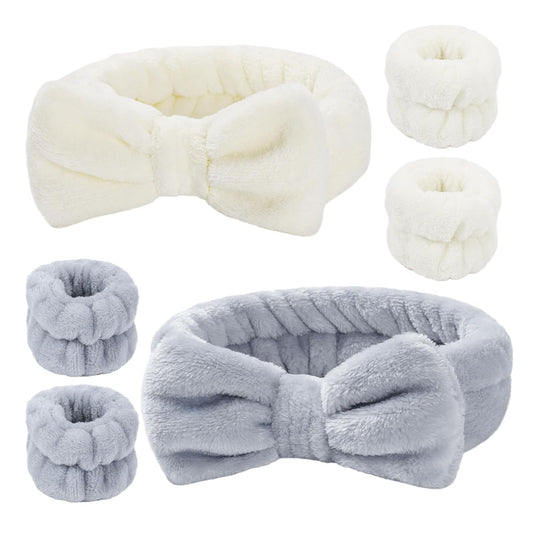 6 Pcs Spa Headband and Wristbands,Coral Fleece Makeup Cosmetic Headband for Washing Face, Bow Headbands for Shower Terry Cloth Headbands for Women Facial Hair Band