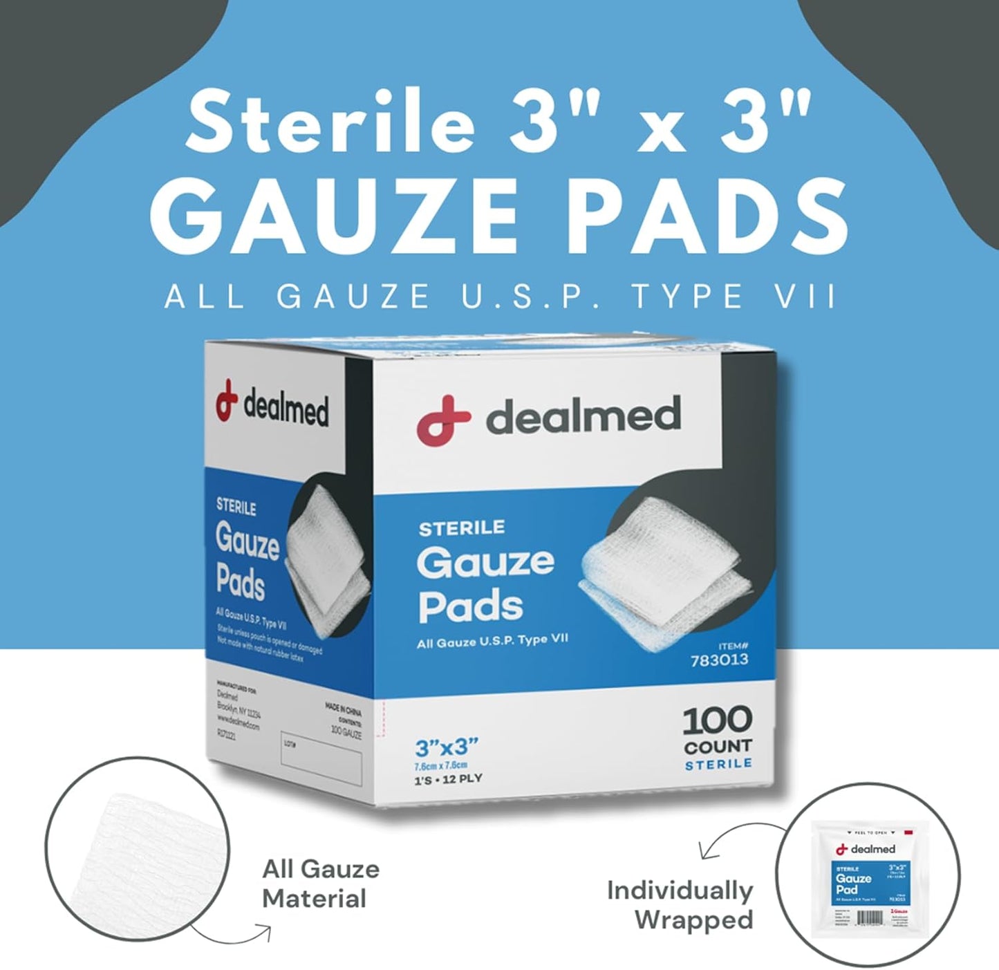 Dealmed 3’’ x 3’’ Sterile Gauze Pads (100 Count) Disposable and Individually Wrapped Medical Gauze Pads, Wound Care Product for First Aid Kit and Medical Facilities (Pack of 1)