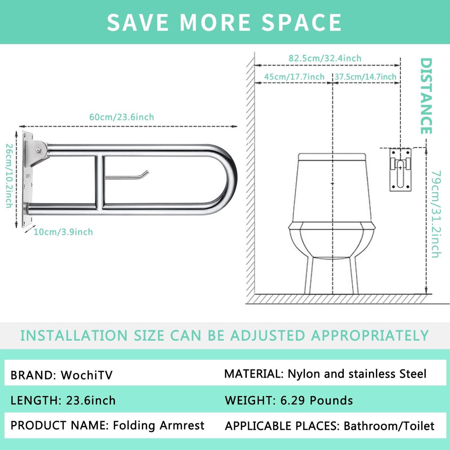 23.6 INCH Stainless Toilet Safety Rails, WochiTV Handicap Grab Bars for Elderly, Disabled Flip-Up Bathroom Grab Bar with Paper Holder,Toilet Handrails Hand Grips Handle Shower Assist Aid