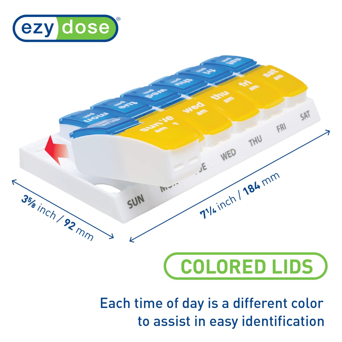 EZY DOSE Weekly AM/PM Pill Organizer, 7-Day Vitamin and Medication Box with Large Pop-Out Compartments, 2 Times a Day Pill Holder for Easy Dosing, Yellow and Blue Lids, Travel-Friendly Design