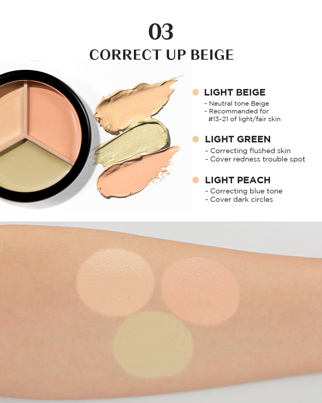 THESAEM Cover Perfection Triple Pot Concealer 03 Correct Up Beige - for Fair to Light Skin Tone - 3 Color Full Coverage Concealer - Covers Blemishes Spots, Dark Circles, Redness Skin