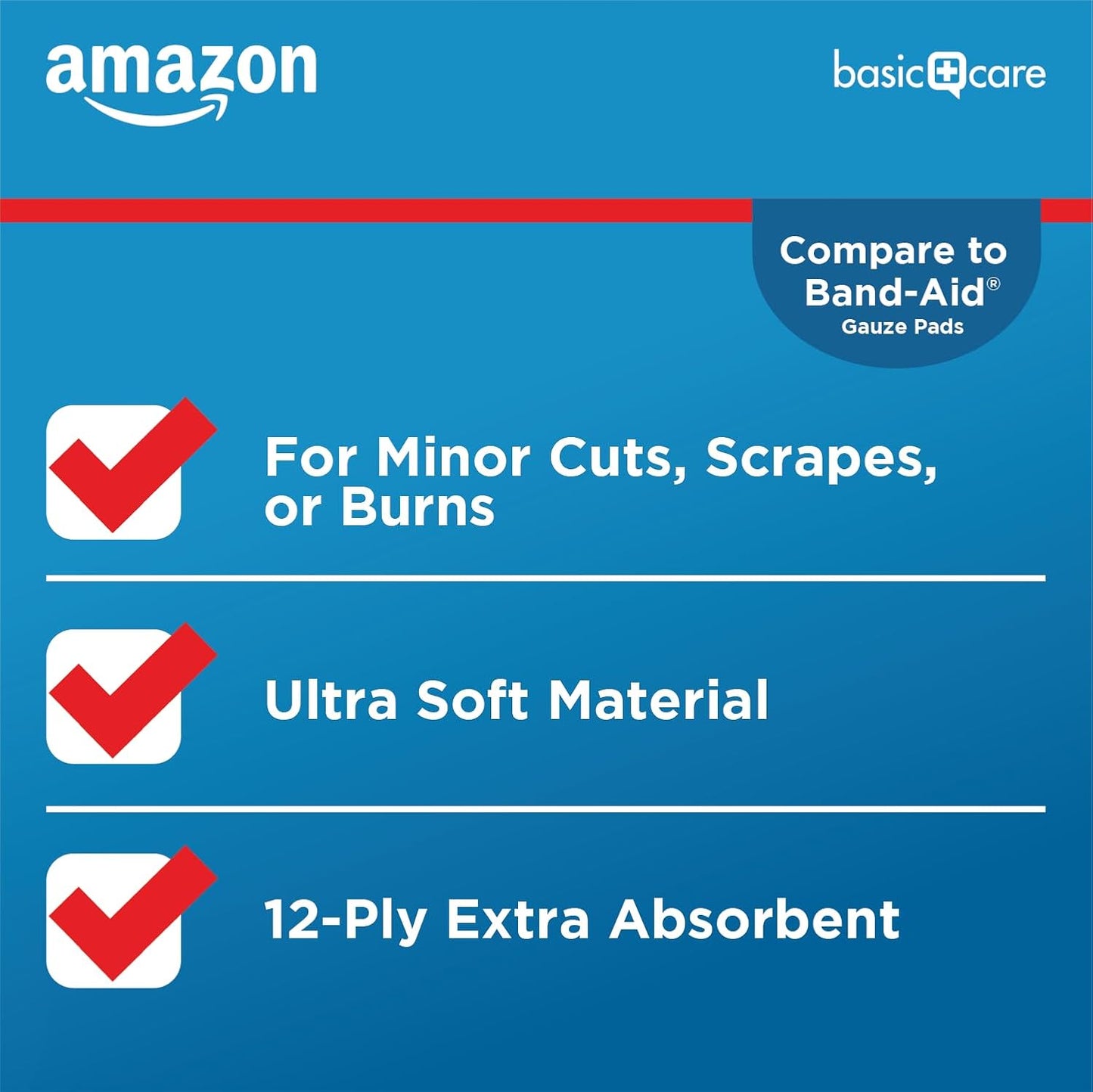 Amazon Basic Care Gauze Pads, 3x3 inches Sterile Medical Wound Dressing Sponges for Cleaning, Covering, & Cushioning Cuts & Minor Injuries, 50 Count (Pack of 1), (Previously All Health)