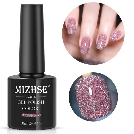 MIZHSE Diamond Gel Nail Polish, Reflective Glitter Pink Gel Polish, Sparkly Shiny Shimmer Nail Art Varnish Manicure, Soak Off LED Lamp, for Beginners DIY at Home