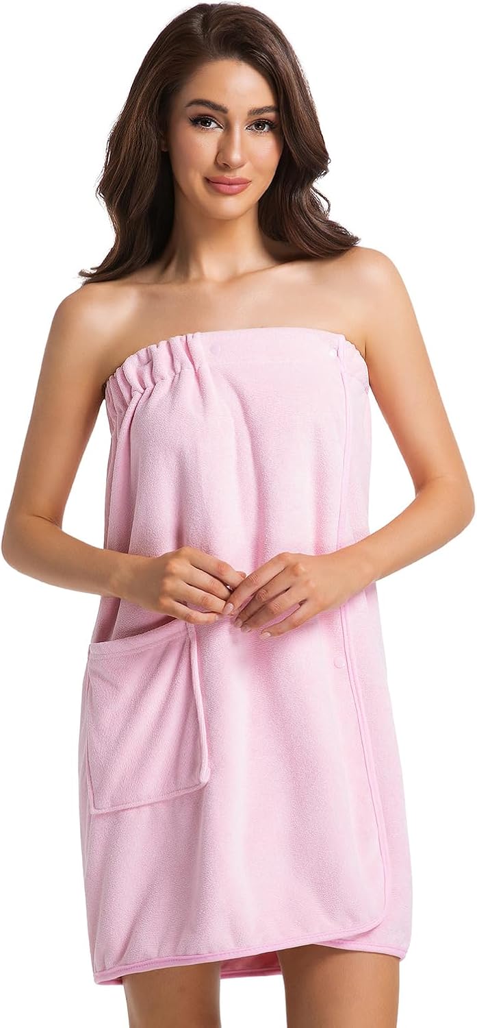 Womens Towel Wrap Bath Robe Lightweight Spa Body Wrap Shower Adjustable Snap Closure Bathrobe