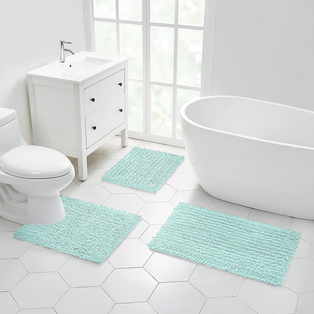 Walensee Bathroom Contour Rug Non Slip Toilet U Shaped Bath Mat (20x24, Spa Blue) Water Absorbent Super Soft Shaggy Chenille Machine Washable Dry Extra Thick Perfect Absorbant Best Plush Carpet