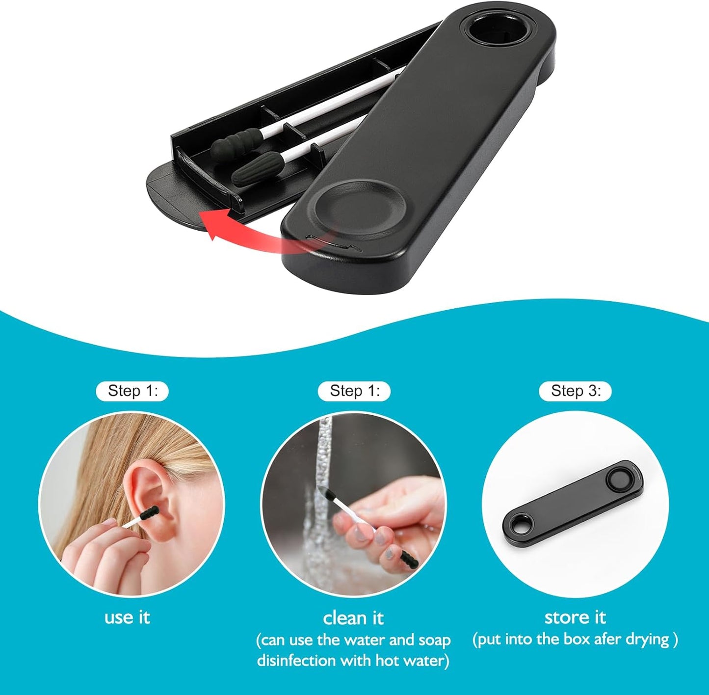 Reusable Cotton Swabs - 4Pcs - Rough Friction for Ears Cleaning Comes with Convenient Travel Case Holder - Black