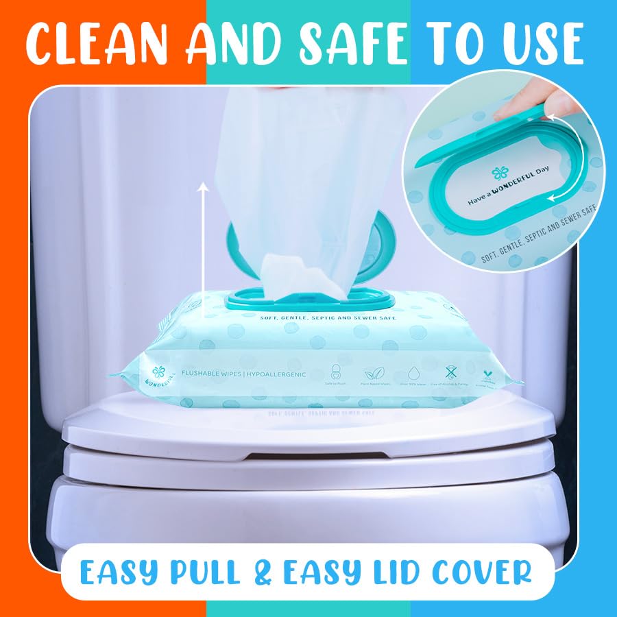 WONDERFUL Flushable Butt Wipes, Variety 100% Plant-Based Wet Wipes for Adults & Kids; Sewer, Septic Safe; Gentle for Sensitive Skin, Wipes Flushable Pack for Bathroom & Travel, 3-Pack (180 Wipes)