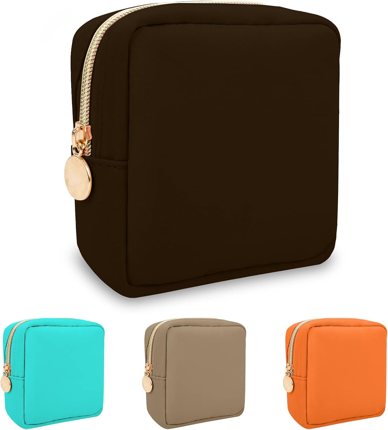 Nylon Mini Makeup Bag for Purse, Preppy Small Cute Makeup Bag Cosmetic Zipper Pouch Purse, Waterproof Travel Coin Pouch Sanitary Napkin Storage Bag Clutch Makeup Organizer Pouch for Women(Brown)